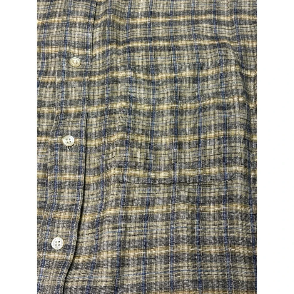 VTG Banana Republic Mens 100% Linen Plaid Button Down Shirt Brown Blue Medium